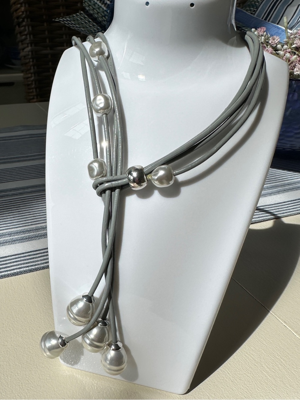 Multi-Strand Grey Cord Necklace with Pearlescent Beads
